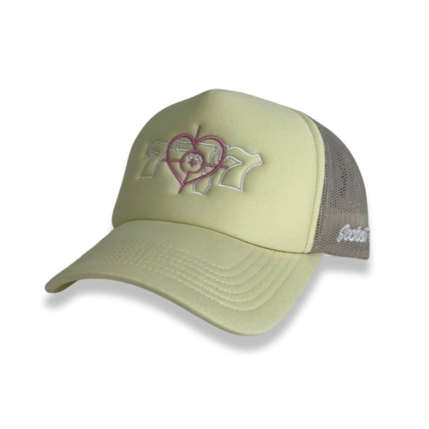 Beige 777 Trucker Hat (Pink Cross Hairs)