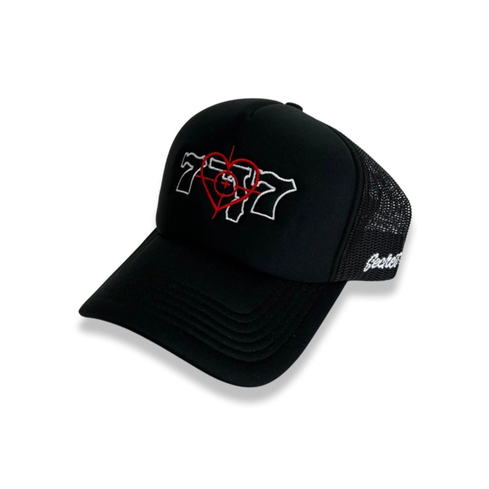 Black 777 Trucker Hat (Red Cross Hairs)