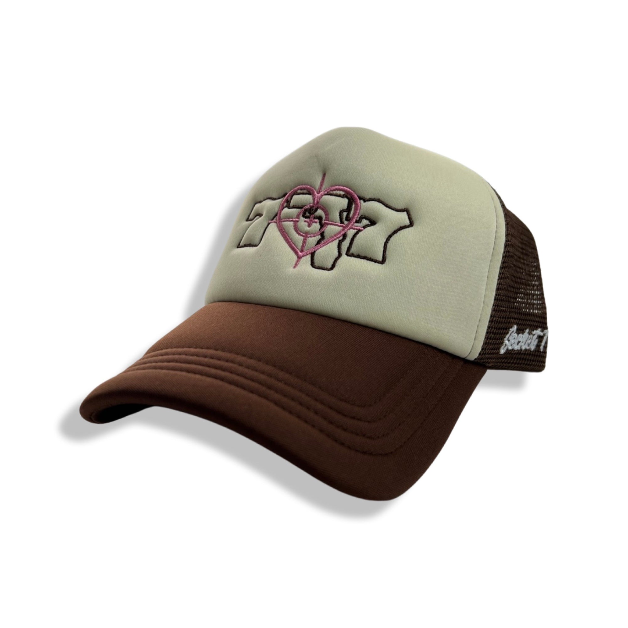 Brown and Tan 777 Trucker Hat (Pink Cross Hairs)
