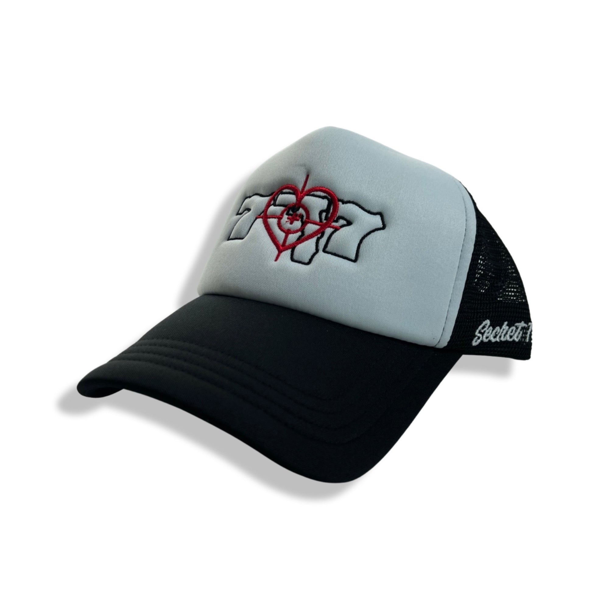 Black and White 777 Trucker Hat (Red Cross Hairs)