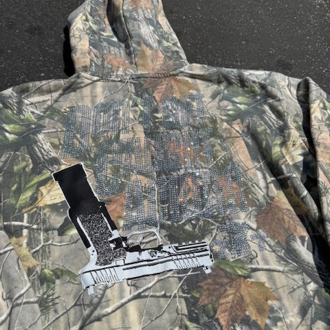 Don't Get Caught Lacking Rhinestone Hoodie (Wood Camo)